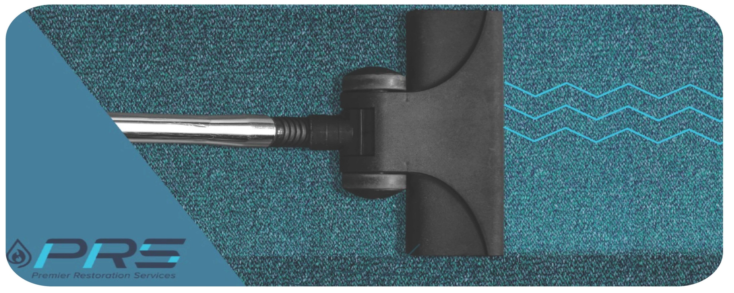 Carpet cleaning wand attached to a turquoise textured carpet, with the PRS logo in the corner (Premier Restoration Services). Non-textured overlay on the left corner indicates branding and service.