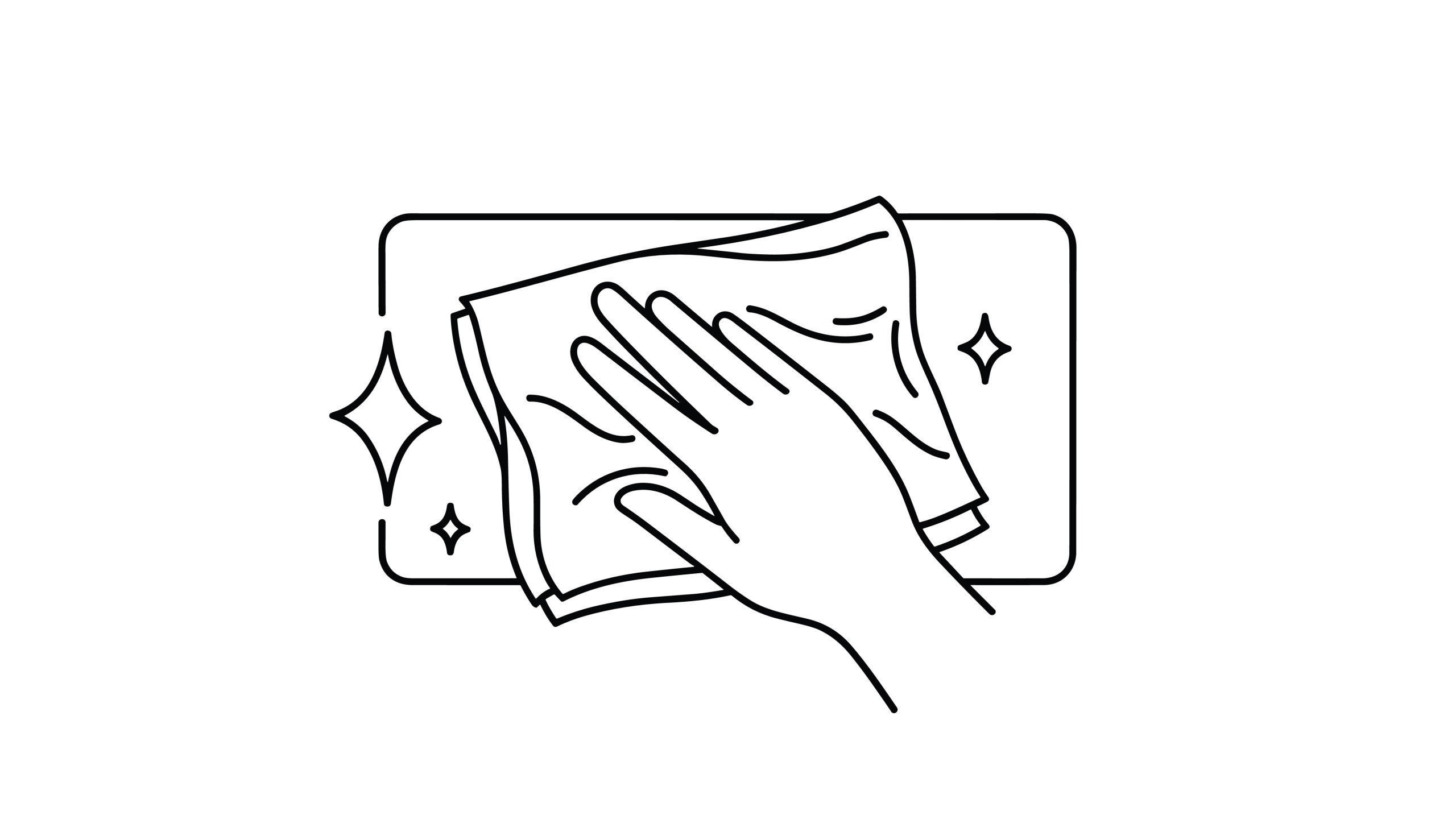 Line,Drawing,Of,A,Hand,Holding,A,Cloth,And,Wiping Hand wiping a rectangular surface with a cloth, with sparkles indicating cleanliness